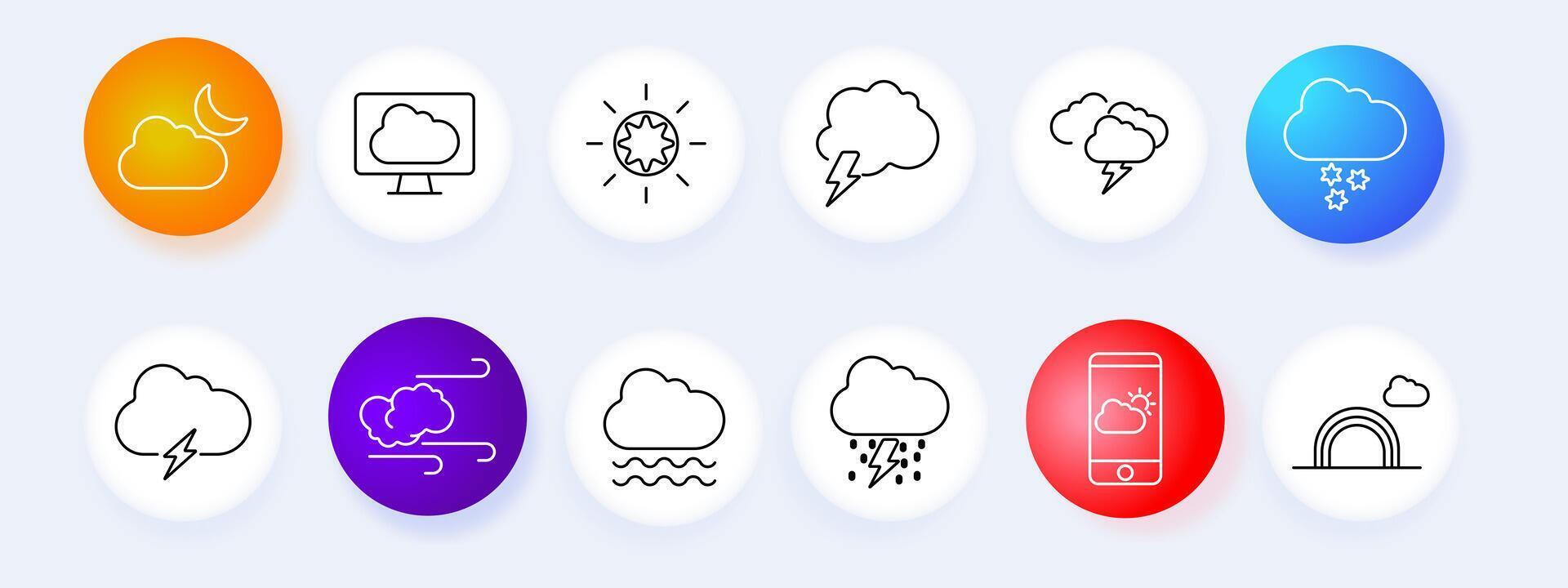 Weather forecast set icon. Cloud, moon, monitor, sun, lightning, snow, rain, wind, mobile app, temperature, storm, prediction, , graphic. vector