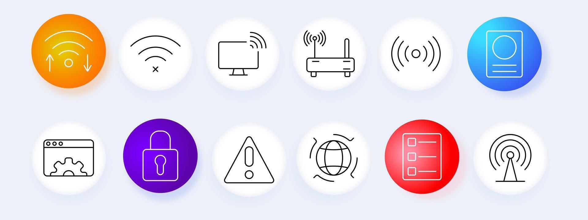 Wireless network set icon. Wi-Fi signal, router, connection, internet, security, settings, analysis, , graphic, technology. vector