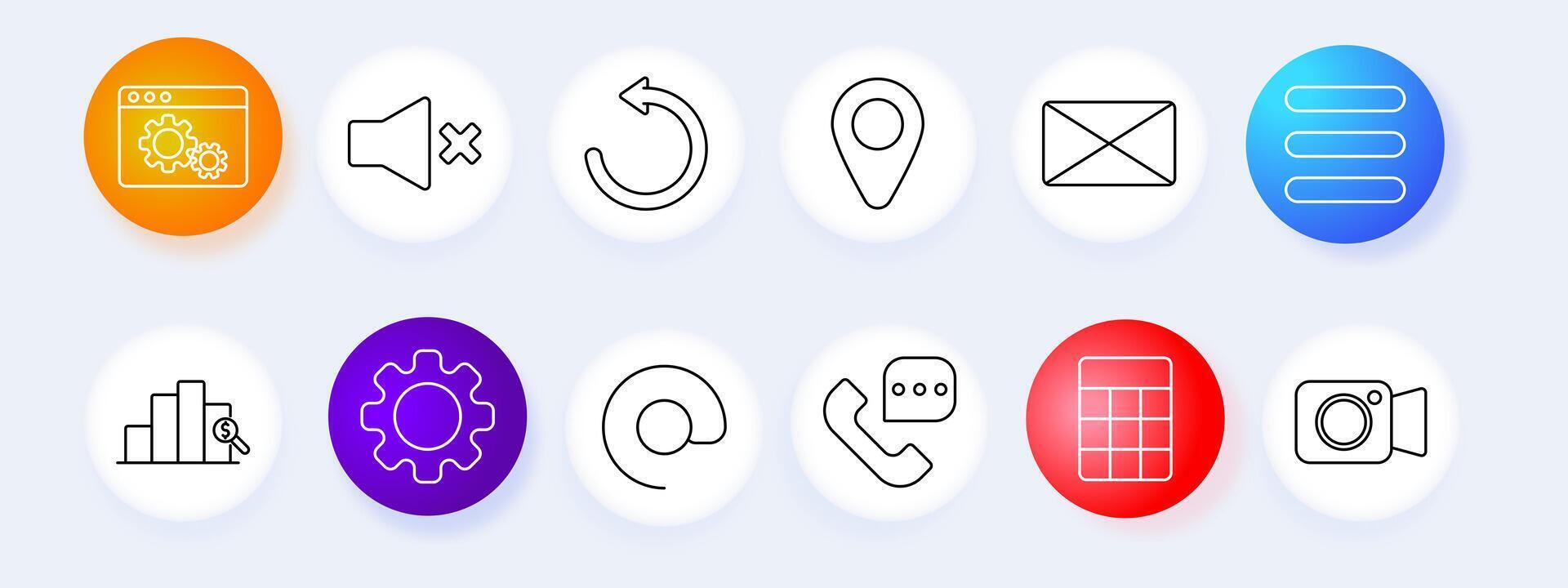 Web development set icon. Browser, mute, refresh, location, email, menu, analytics, gear, search, phone, , , graphic, technology. vector