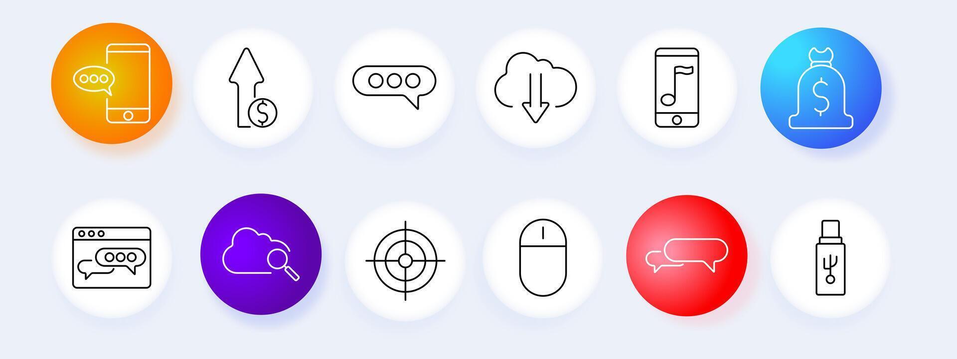 Communication and technology icon set. Chat, smartphone, download, cloud, music, target, mouse, search, , graphic. vector