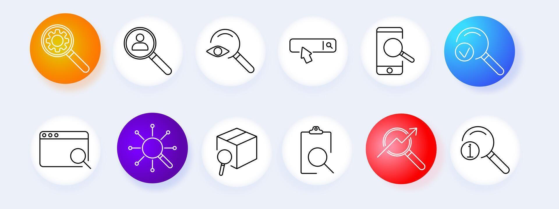 Search optimization set icon. Gear, magnifying glass, user, eye, bar, mobile, analysis, browser, , graphic, internet, research, technology, find. vector