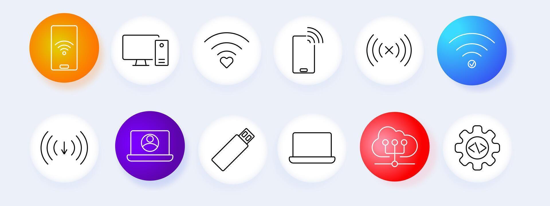 Mobile network set icon. Smartphone, PC, Wi-Fi, USB, cloud, download, , graphic, technology, connection, internet. vector