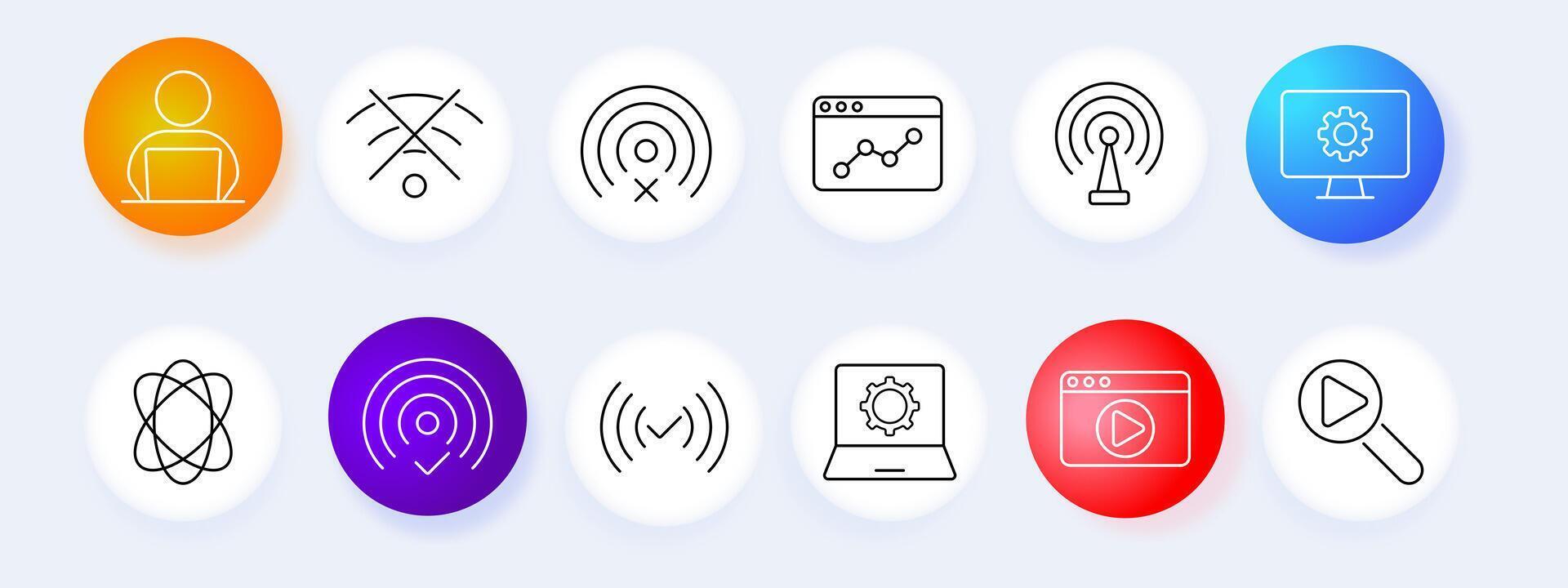 Technology communication set icon. Laptop, Wi-Fi, signal, browser, network, computer, online, analytics, radio, website, data, digital, broadcasting, connection. vector