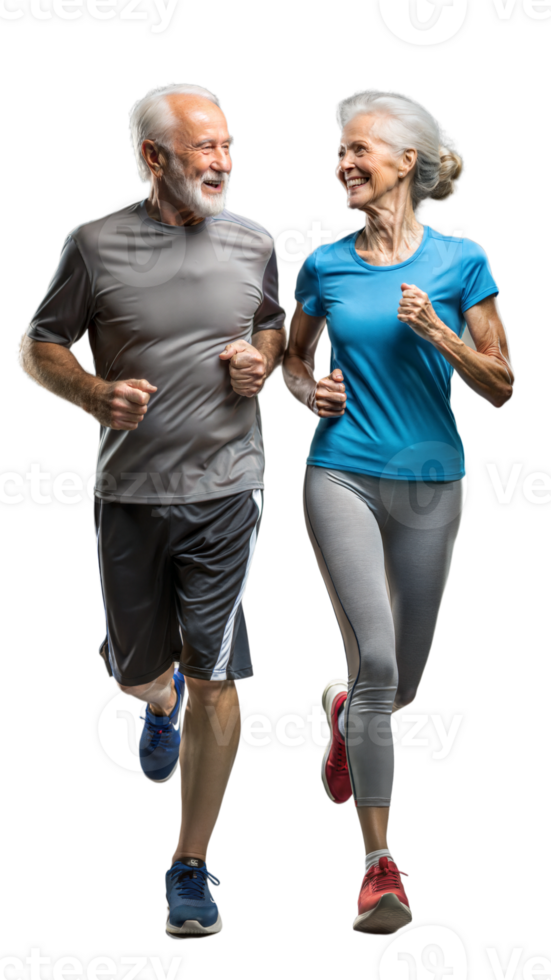 Elderly interracial couple jogging together in sportswear, promoting fitness and health png