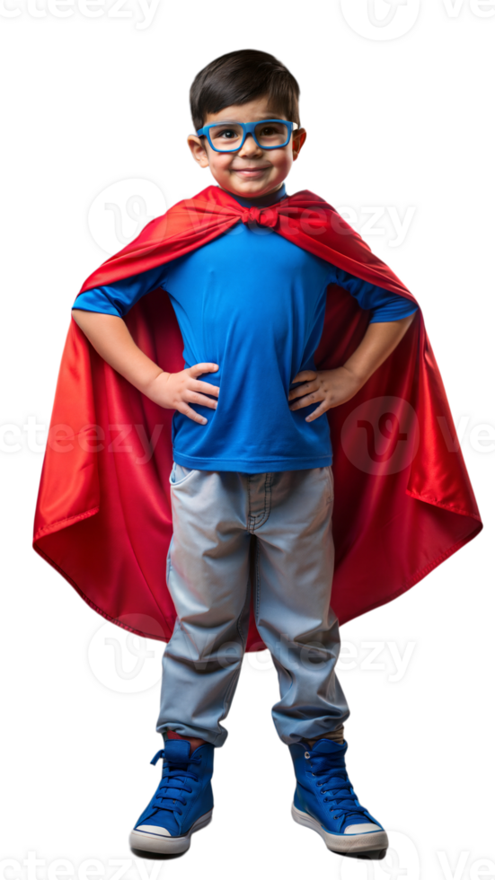 Young boy in superhero costume with cape, pretending to be powerful and brave png