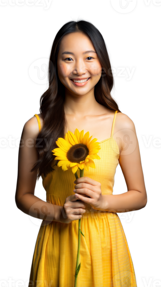 Radiant young Asian girl with sunflower, dressed in a golden yellow dress, exuding warmth and light png