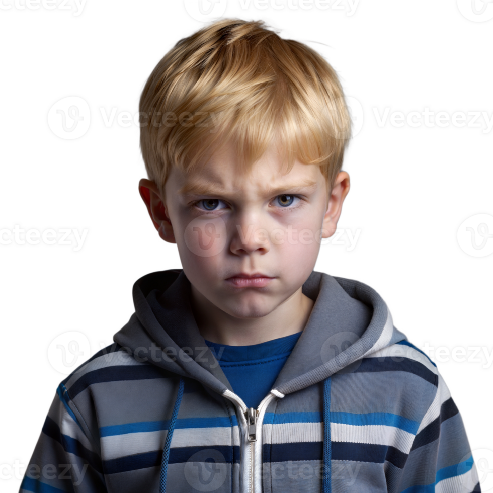Young boy with a serious expression in a striped hoodie, looking directly at the camera png