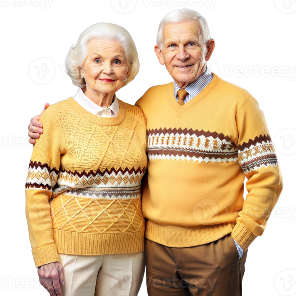 Elderly couple in stylish sweaters, affectionately linked arm in arm, exuding warmth and companionship png