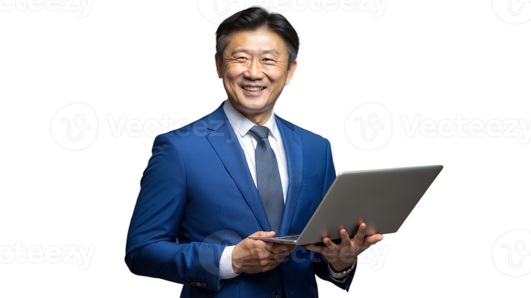Happy East Asian businessman with tablet, engaging in casual business setting png