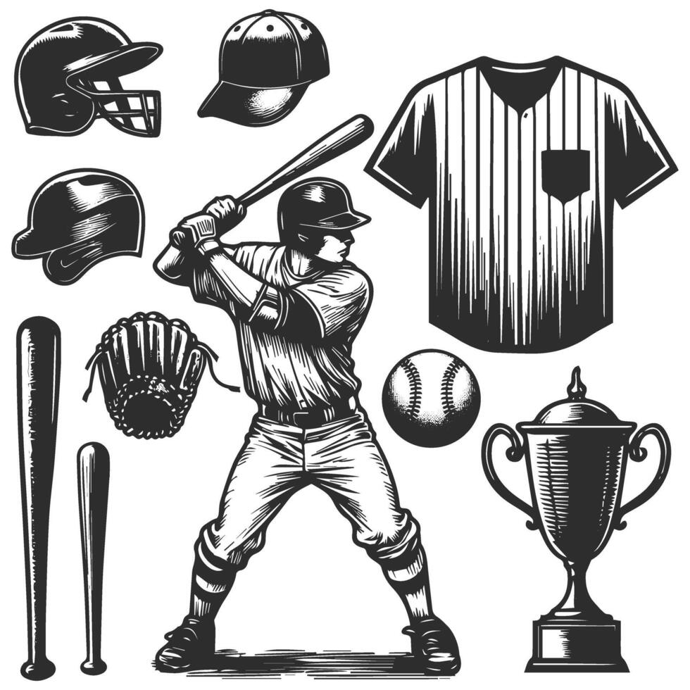 baseball player set of black and white illustrations vector