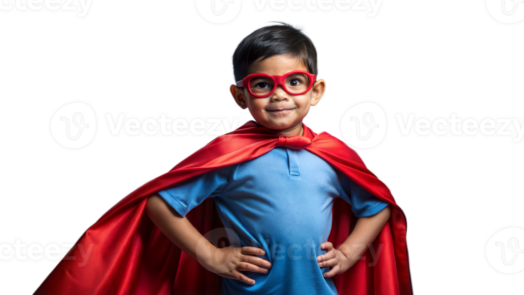 Superhero boy in red cape and mask, posing heroically against a transparent background png