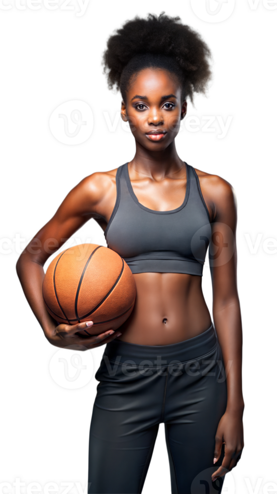 Confident Black female basketball player in sportswear, holding ball, focused and determined png