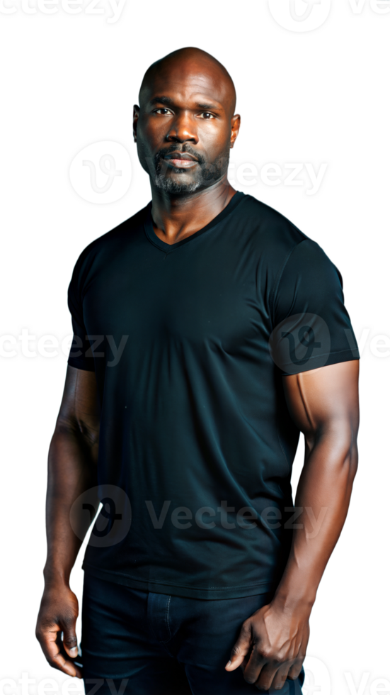 Fit African American man in a black tee, showcasing strength and confidence png