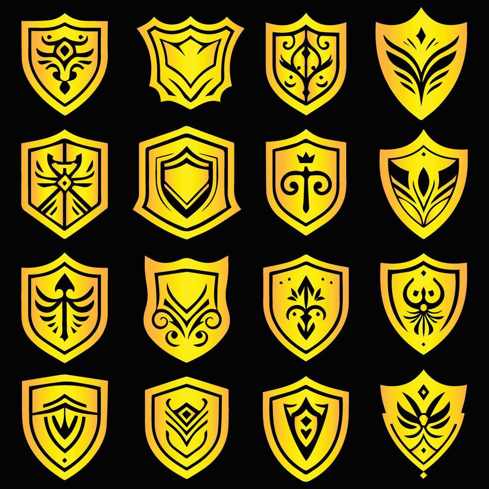shields set of golden shield icons on black background. Shield illustration vector