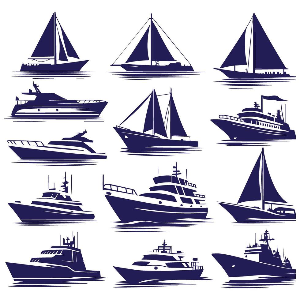 Ship and boat set. Liner and container, freighter and buoy, lighthouse and yacht vector