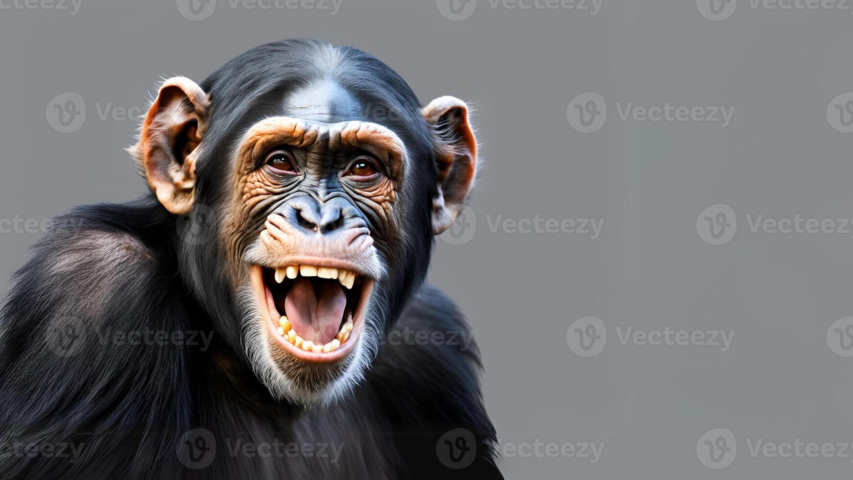 Smiling Monkey Chimpanzee on Grey Background, Funny Animal photo