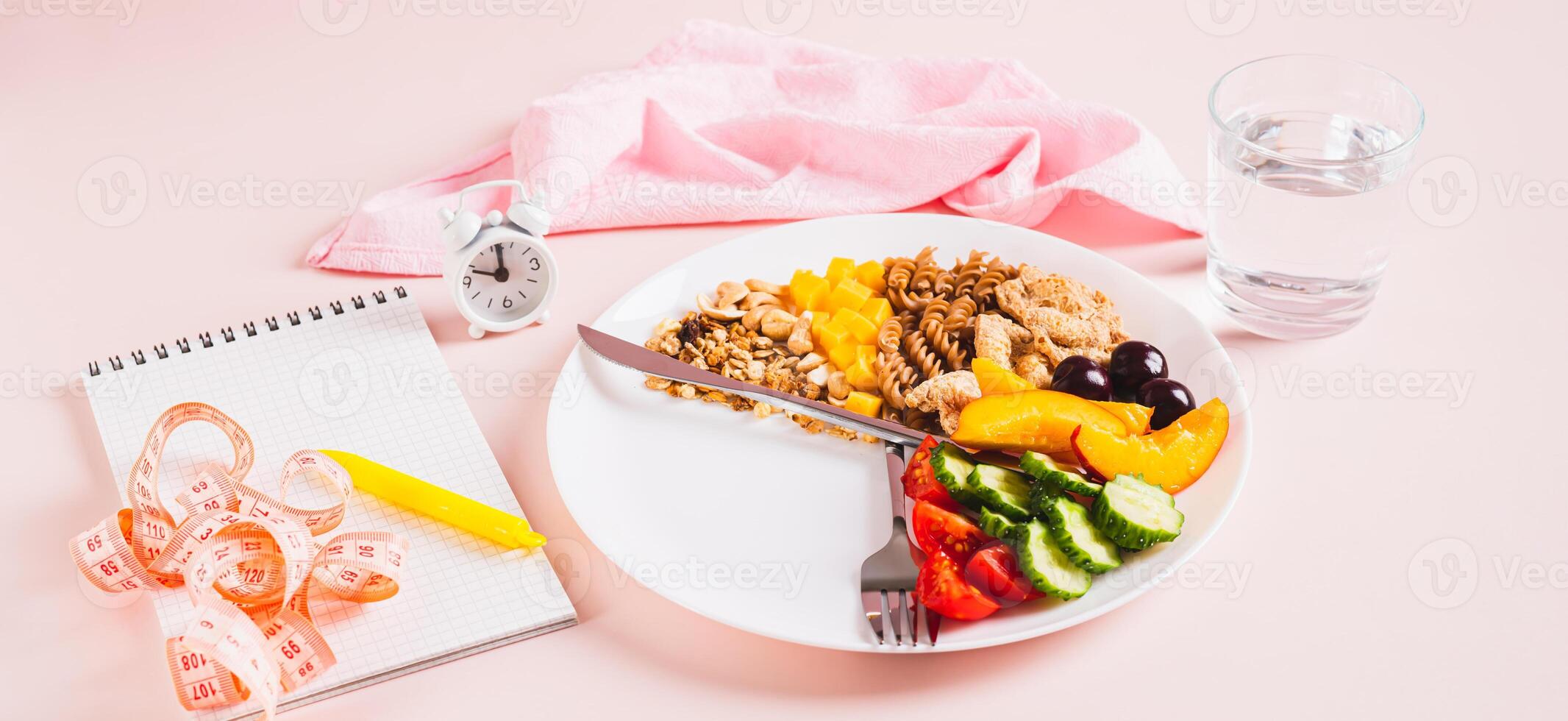 Concept individual meal plan by time food on plate on table web banner photo