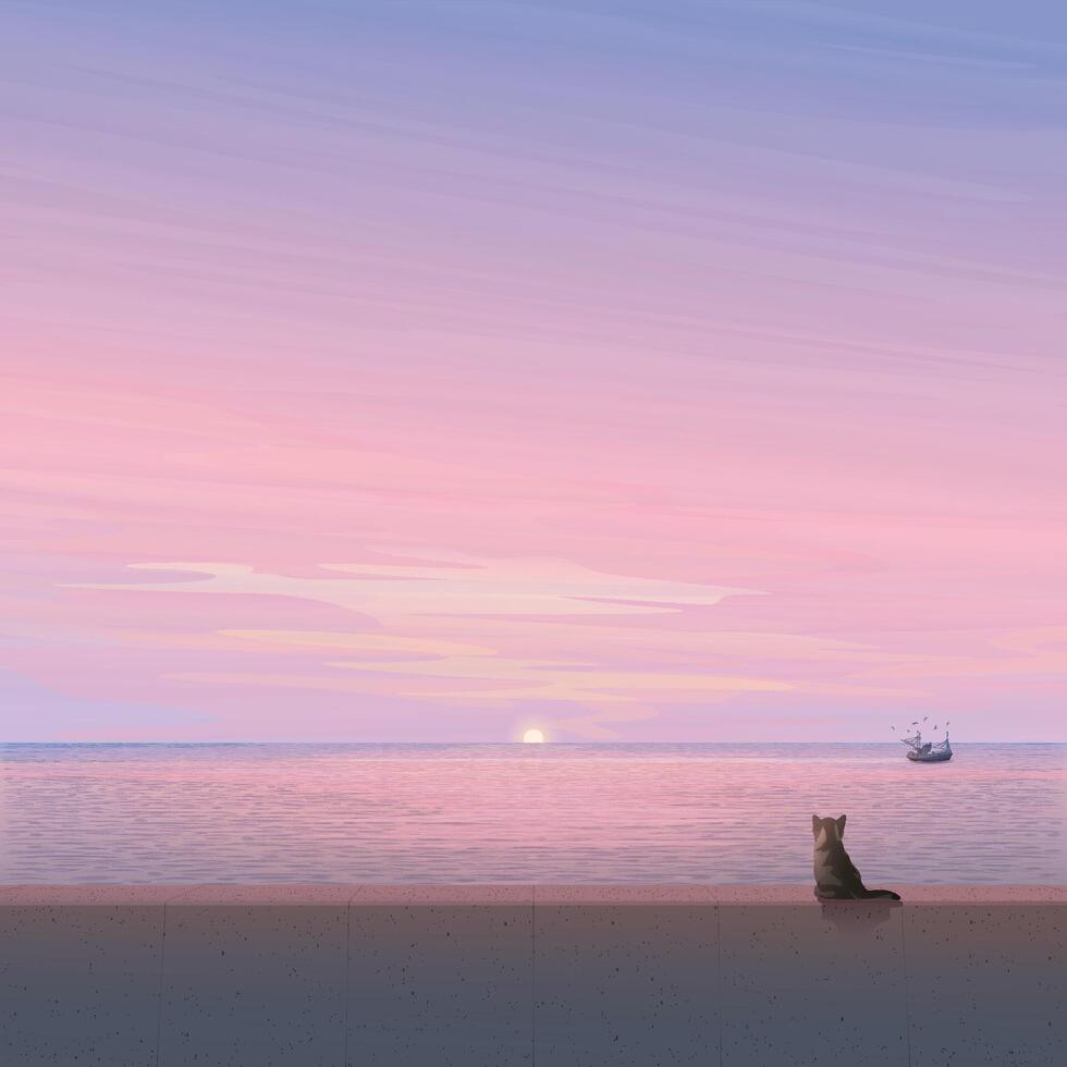 Minimalist seascape at sunset have silhouetted of cat sitting on barrier looking to fishing boat followed by seagulls graphic illustration. vector