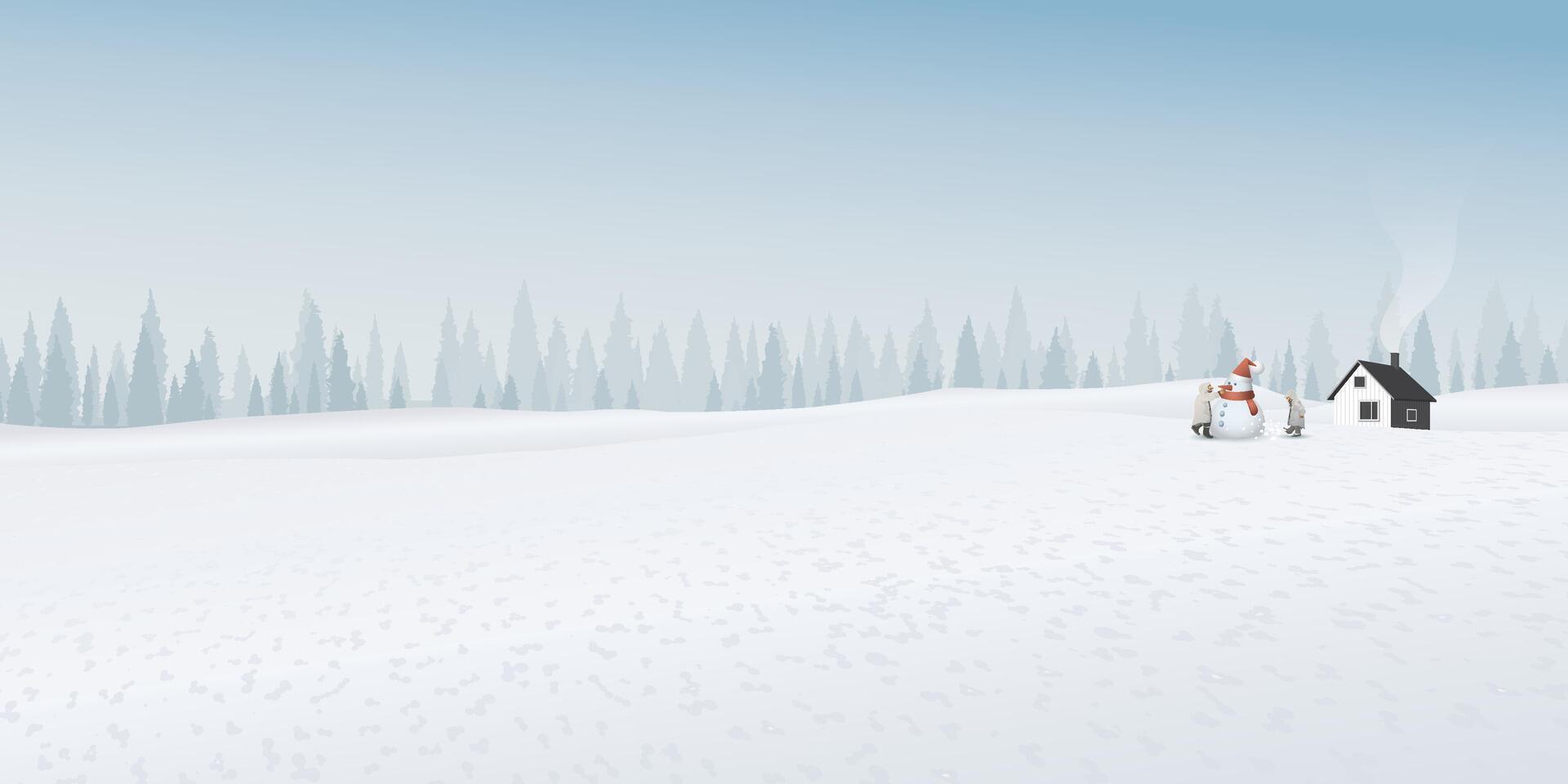 Minimalist snowscape with cottage and kids playing with snowman have pine forest and blue sky behind graphic illustration. Merry Christmas and Happy New Year greeting card template have blank space. vector