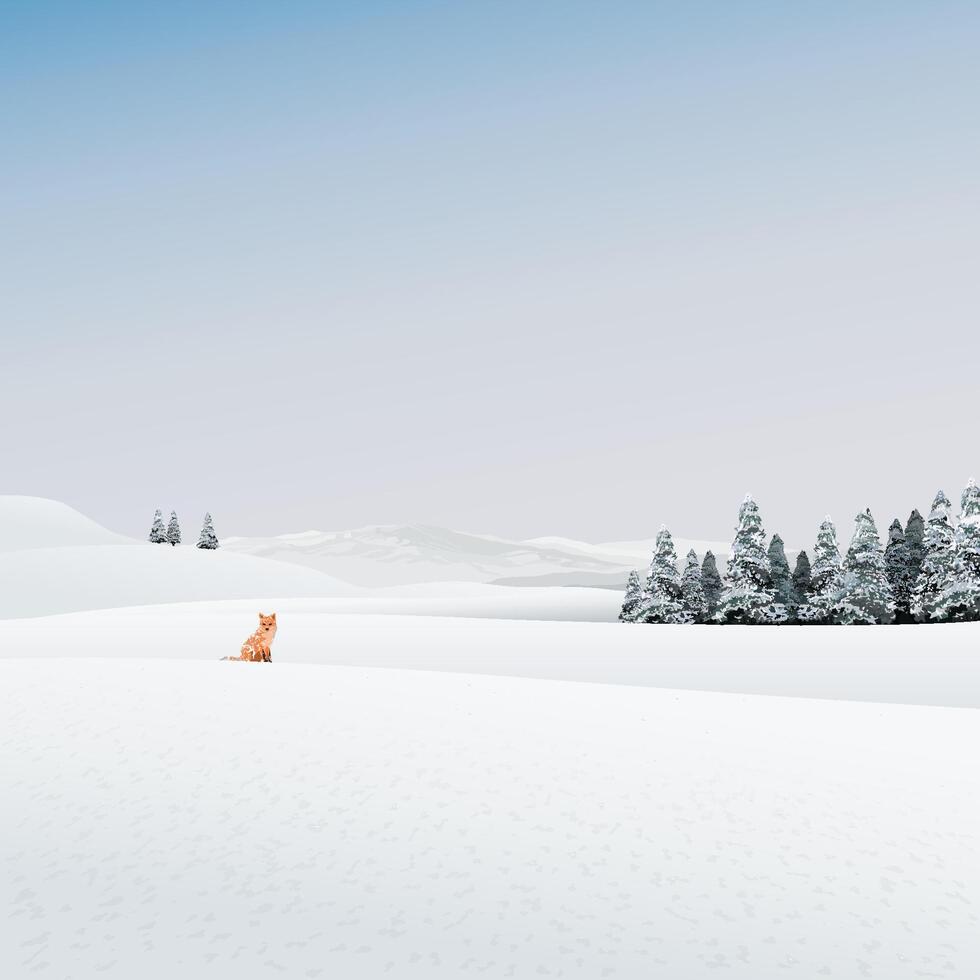 Minimalist snow landscape with lonely fox and pine forest graphic illustration. Merry Christmas and Happy New Year greeting card square template have blank space. vector