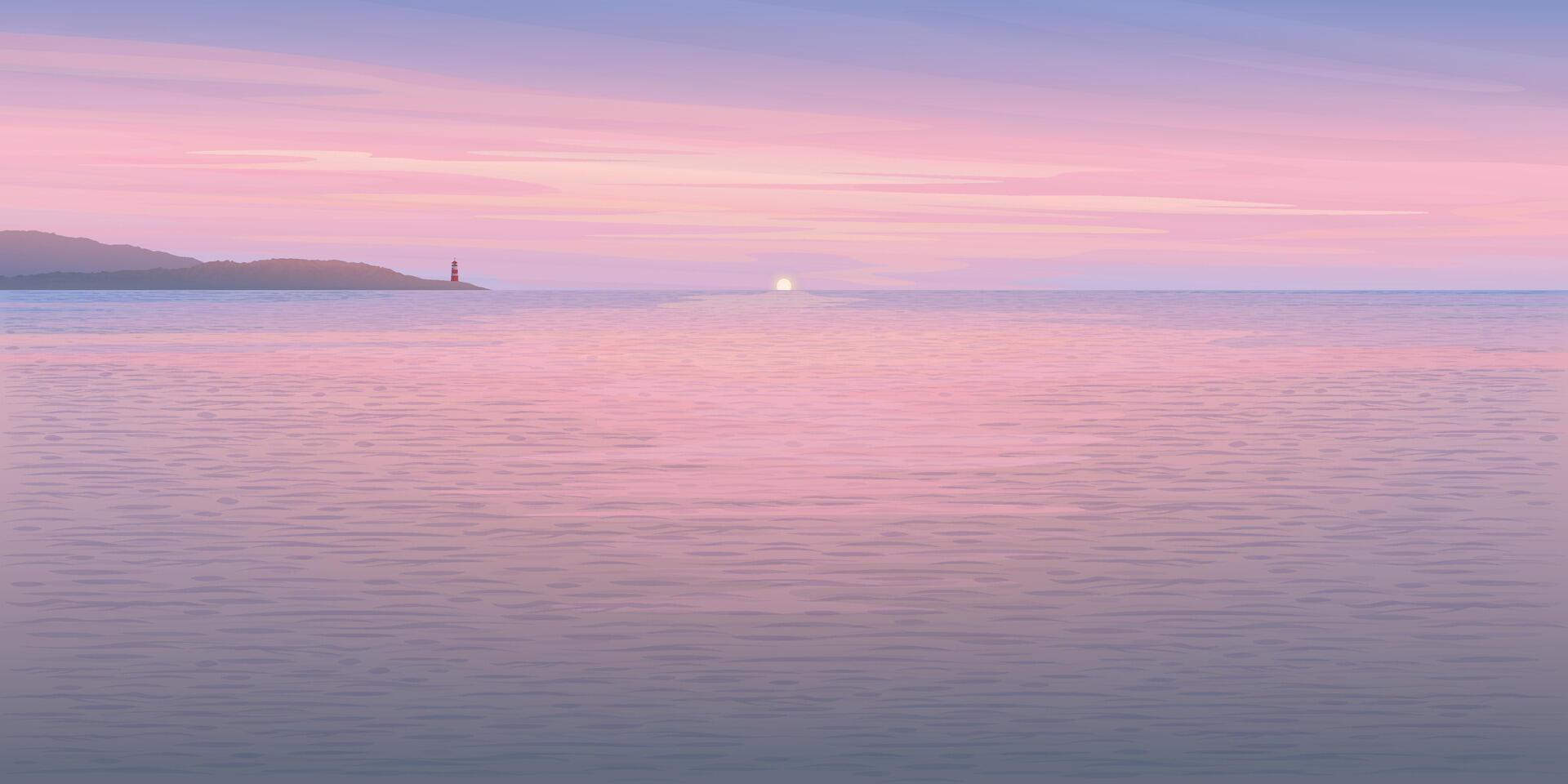 Minimalist seascape with sunset, mountain ranges and twilight sky background graphic illustration have blank space. vector