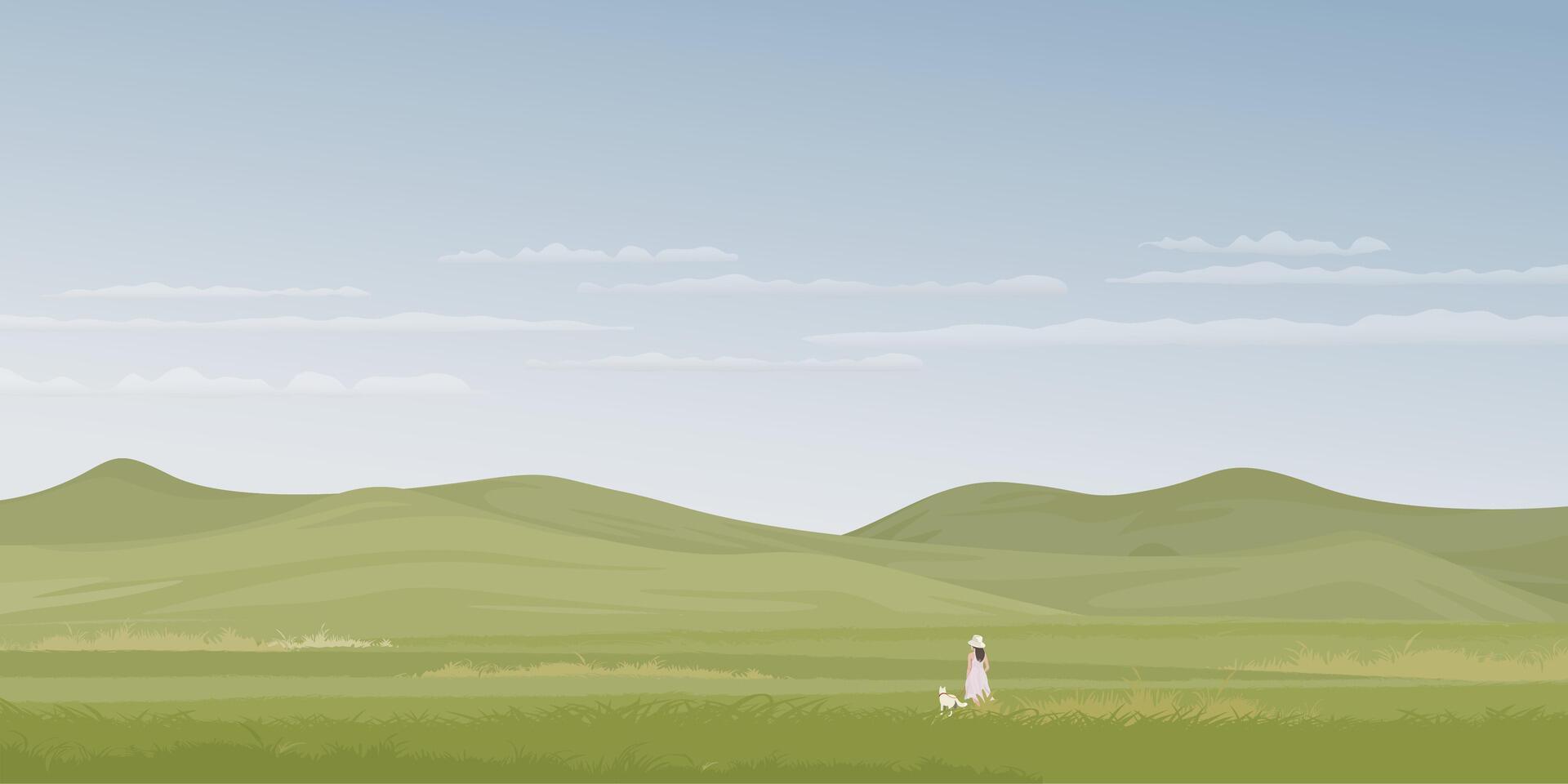 Minimalist landscape grass field and mountain ranges with a woman handling her dog on the leash graphic illustration have blank space. vector