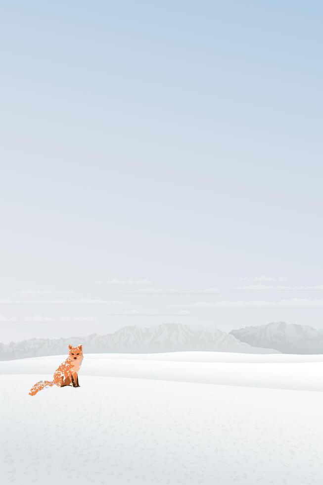 Lonely fox in snowscape with mountain ranges behind graphic illustration. Merry Christmas and Happy New Year greeting card vertical template have blank space. vector