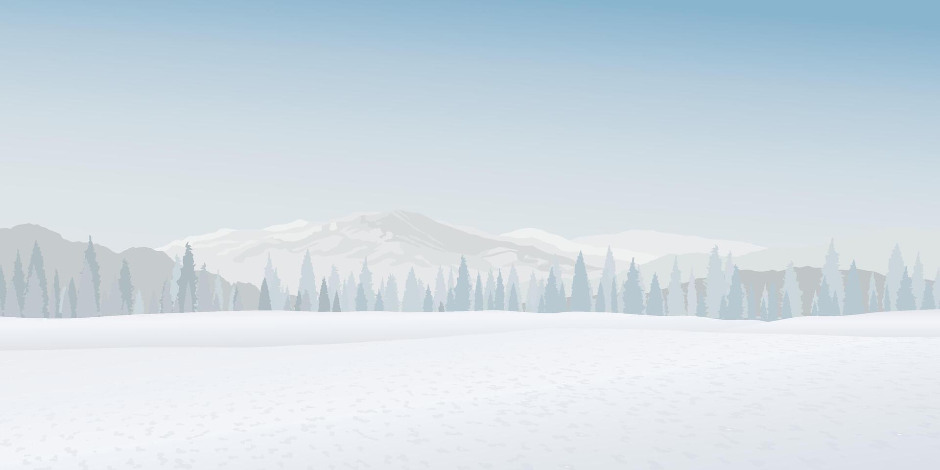 Minimalist snowscape with silhouetted pine forest and mountain ranges behind graphic illustration. Merry Christmas and Happy New Year greeting card template have blank space. vector