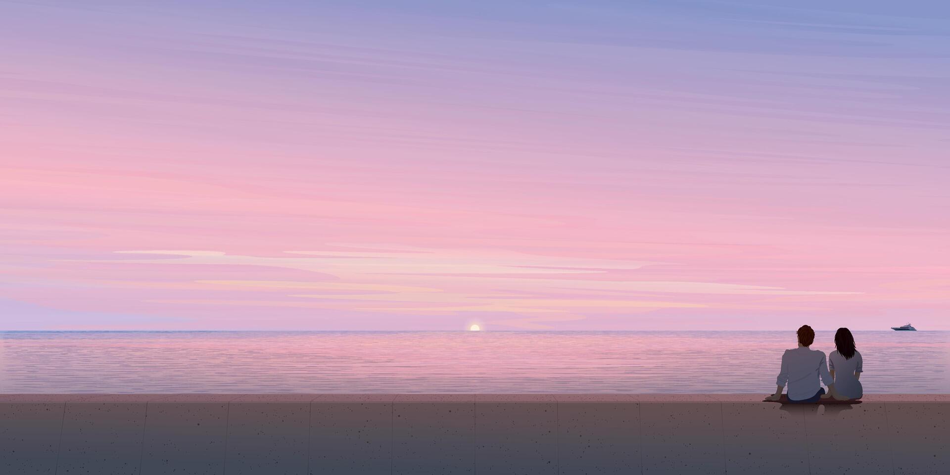 Minimalist seascape at sunset have silhouetted of lover sitting on barrier graphic illustration. Honeymoon concept with twilight sky have blank space. vector