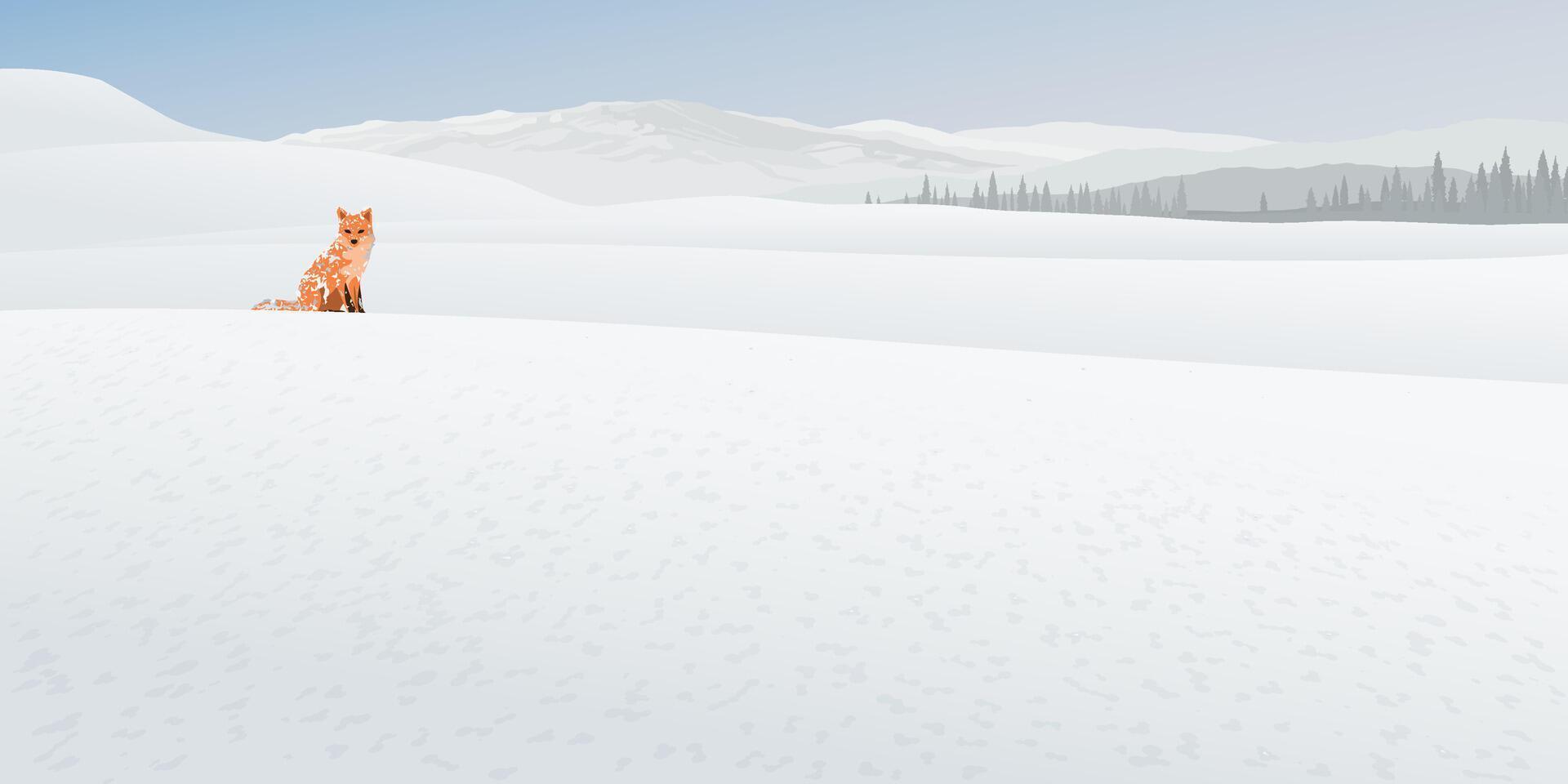 Lonely fox in snowscape with mountain ranges and pine forest behind graphic illustration. Merry Christmas and Happy New Year greeting card template have blank space. vector