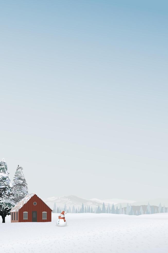 Minimalist snowscape with log cabin and snowman have pine forest, mountain ranges and blue sky behind graphic illustration. Merry Christmas greeting card vertical template have blank space. vector