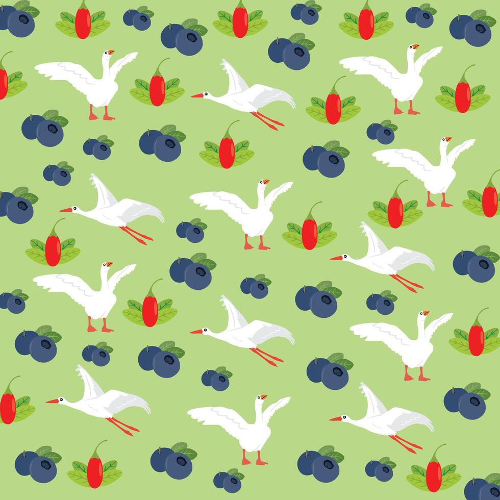 swan and stork with fruit as a pattern background vector