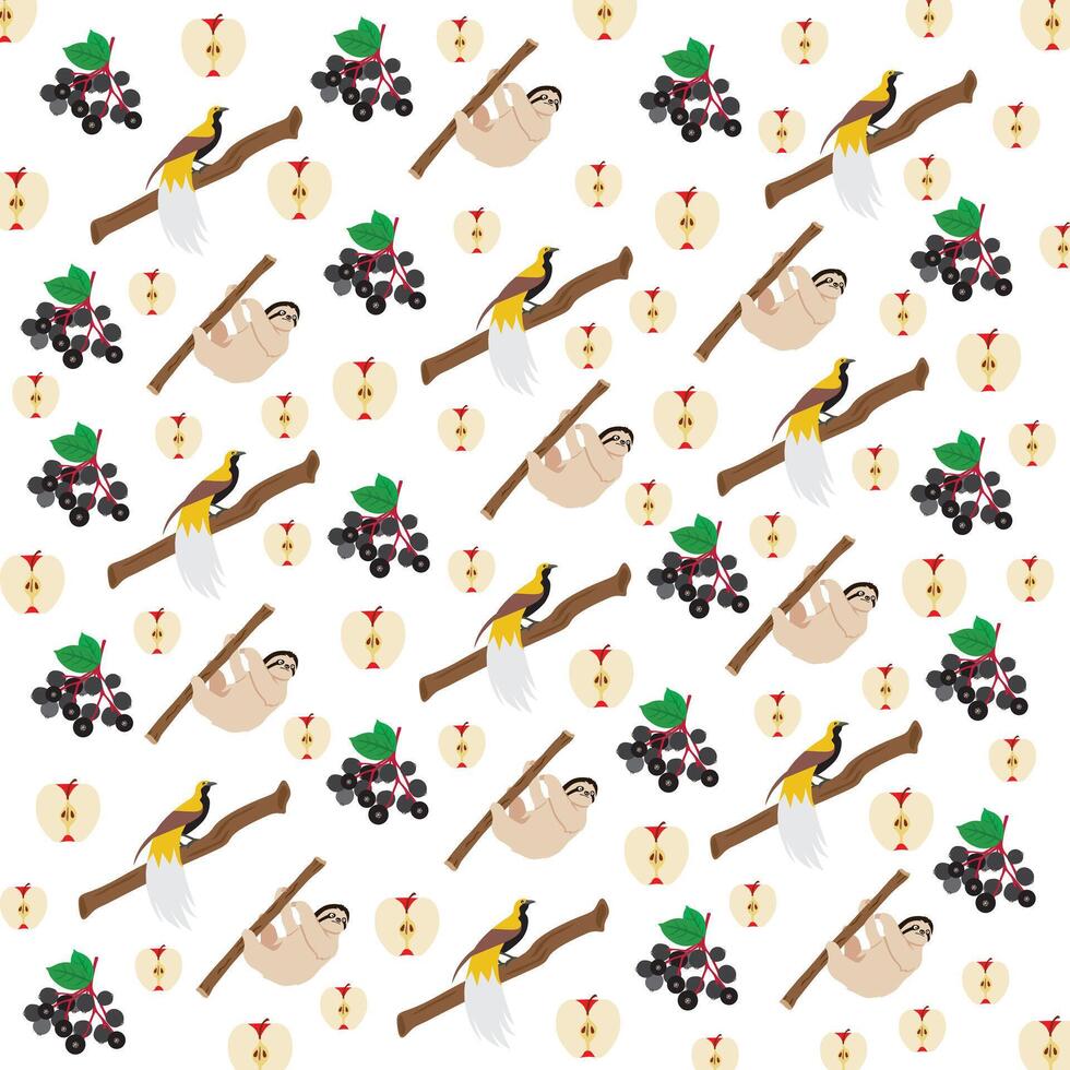 bird of paradise, sloth with fruit as a pattern background vector