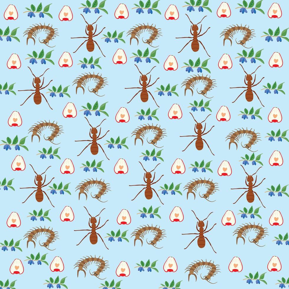 ant and centipede with fruit as a pattern background vector