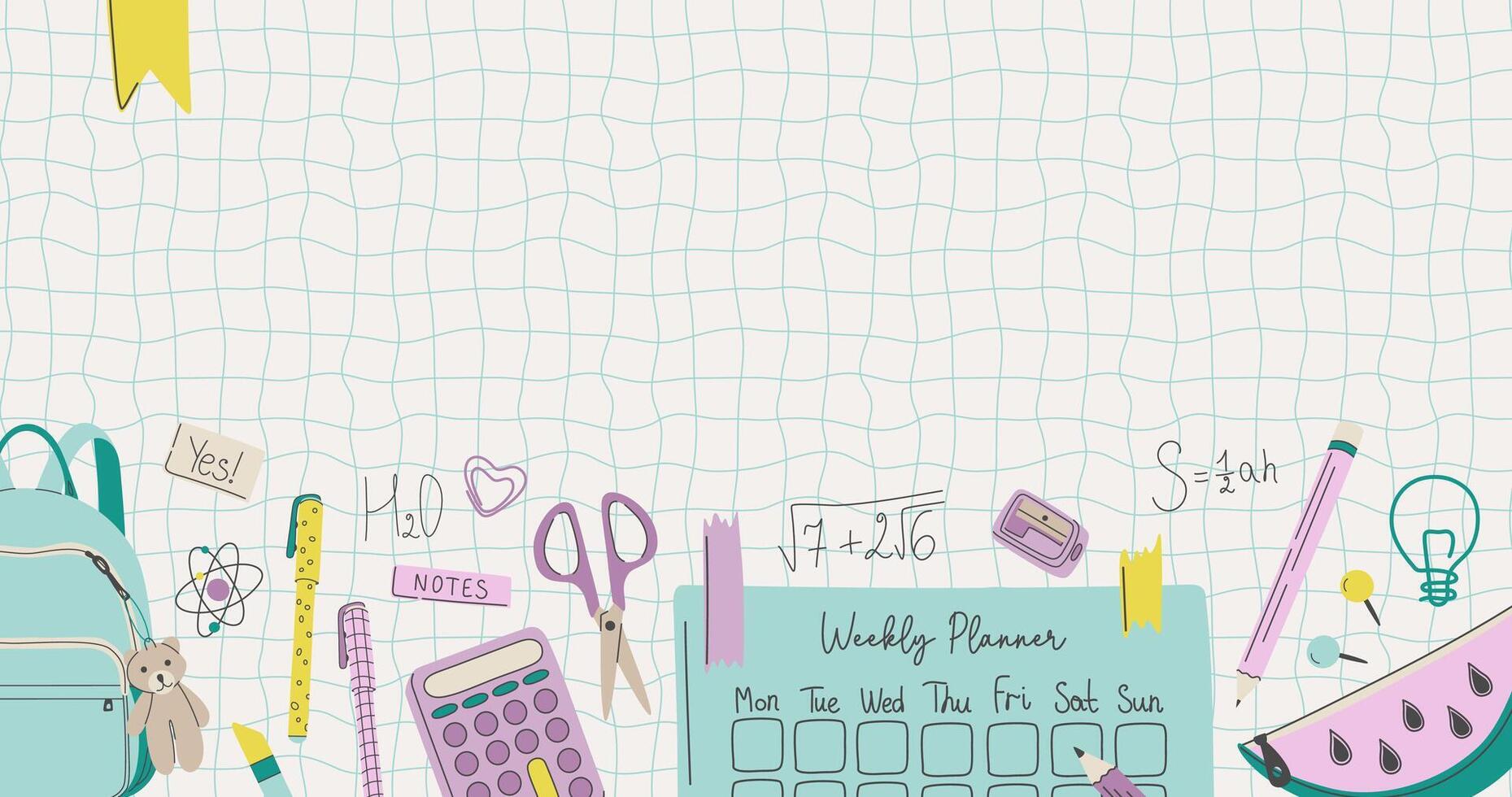 Back to school background with school supplies. Educational theme banner with different stationery and empty space for text. Hand drawn flat design illustration. vector