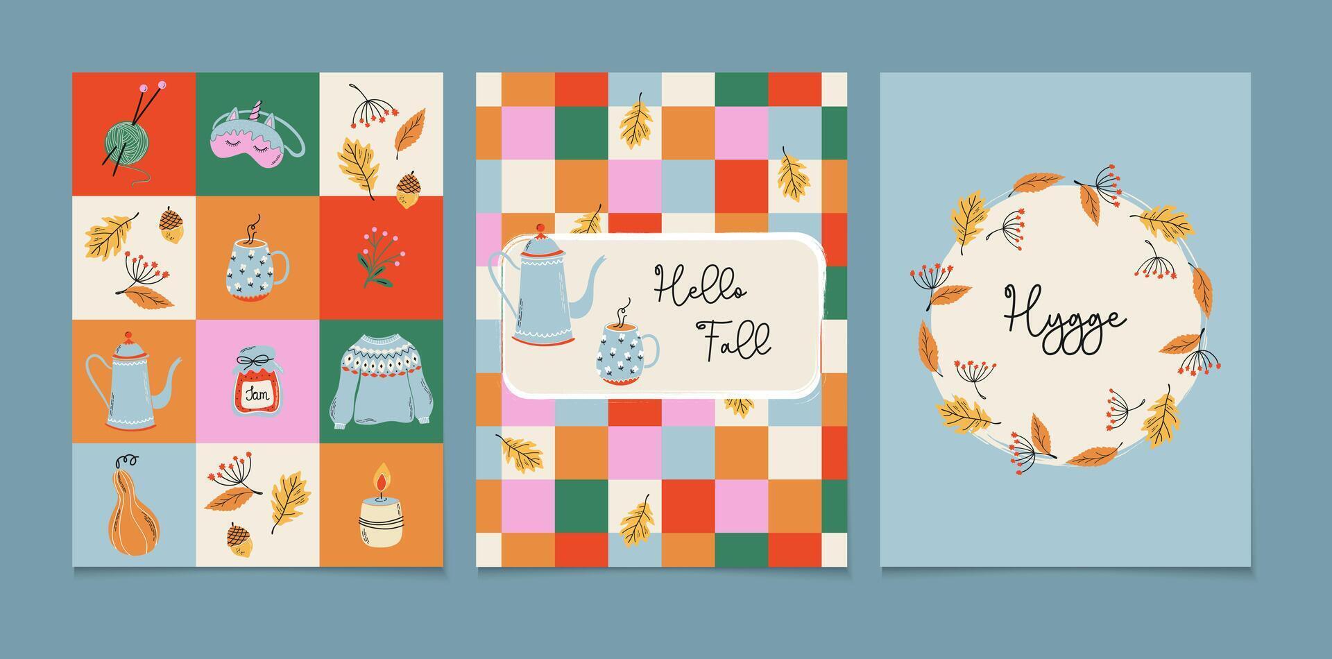 Set of Autumn design prints. Cute Fall theme cards, posters, covers. Colorful Hygge style compositions. Hand drawn Illustrations. vector