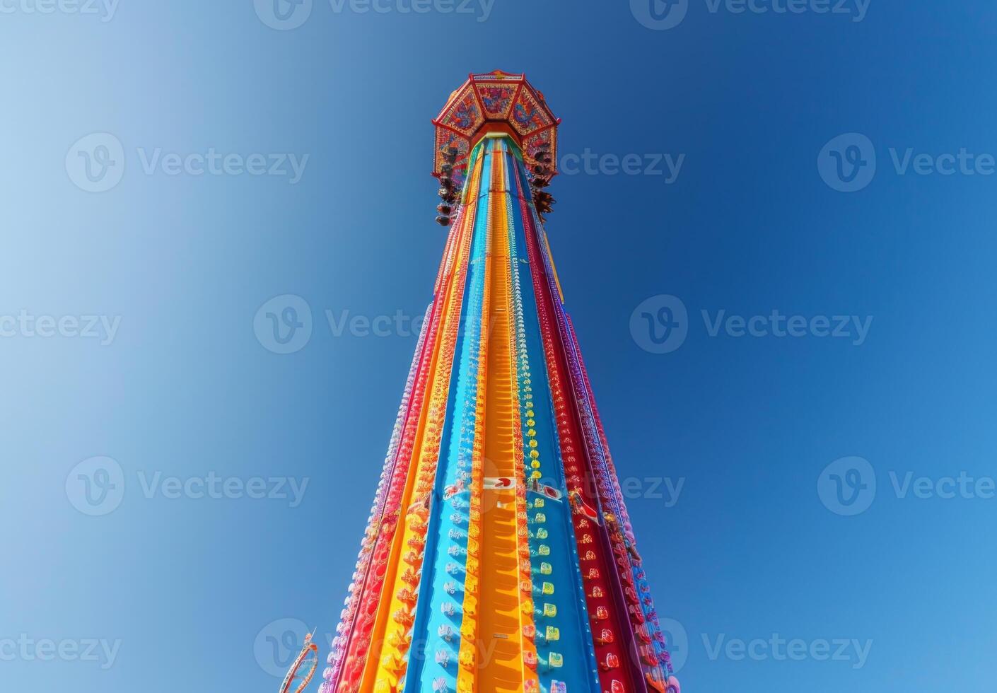 A thrilling drop tower ride reaching into the sky with colorful seats photo