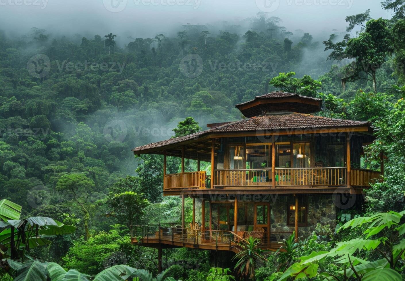 An eco friendly lodge nestled in the lush rainforest of Costa Rica, surrounded by vibrant green foliage photo