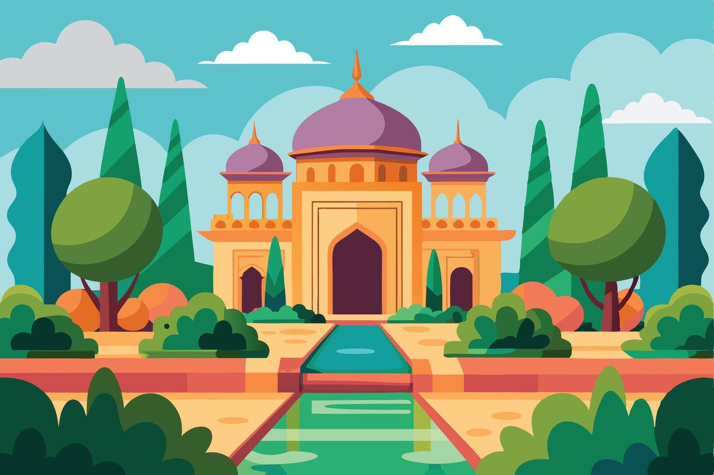 A beautiful image of Mughal Garden flat color illustration with natural scene like tree, sky, cloud. vector