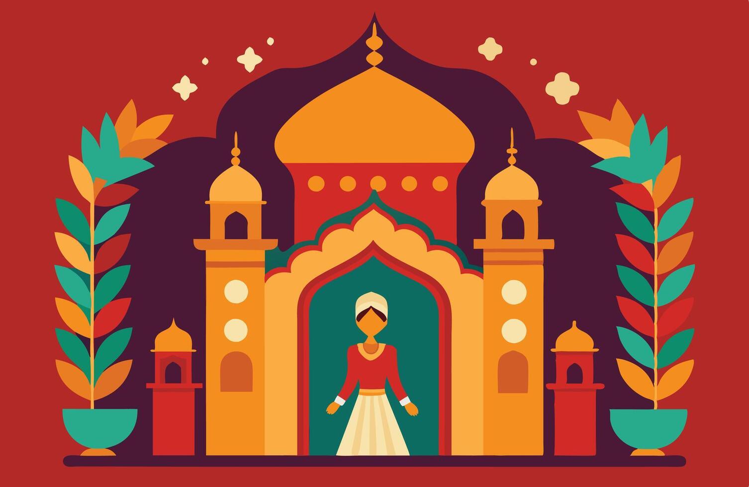 Mughal Garden wedding invitation. flat color art and illustration. vector