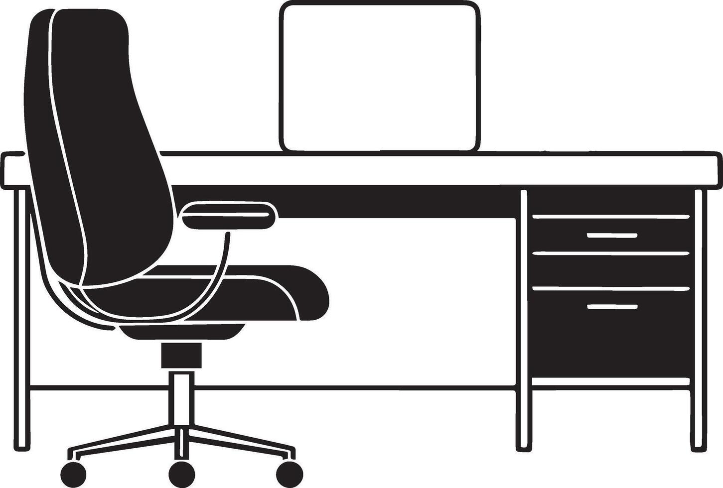 A silhouette of a office desk paired with a swivel chair, featuring straight lines and functional design elements, vector