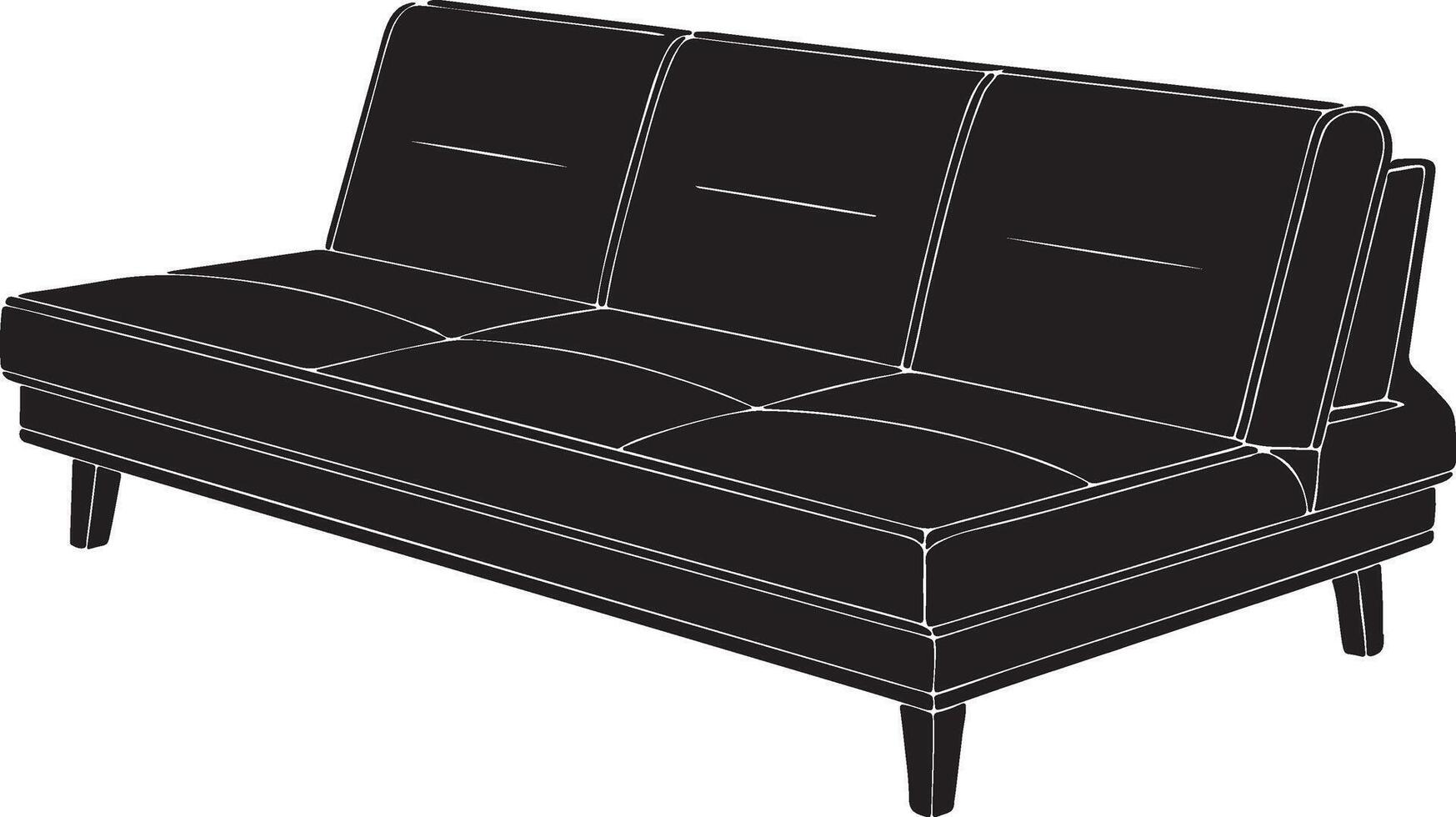 A silhouette image of a minimalist futon three sited sofa. vector