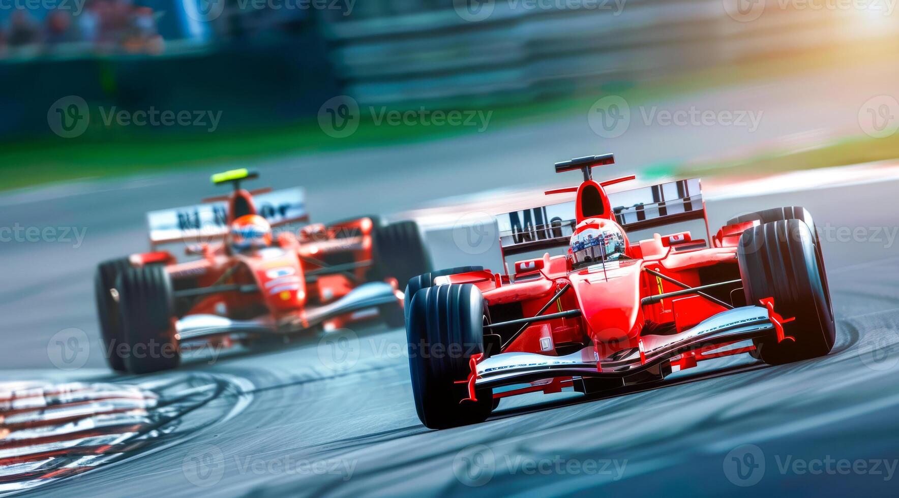 Two race cars are speeding down a track, auto racing competition. photo