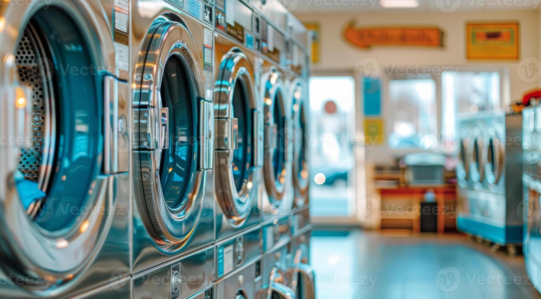 A row of silver washers and dryers are in a laundromat. Laundry place. photo