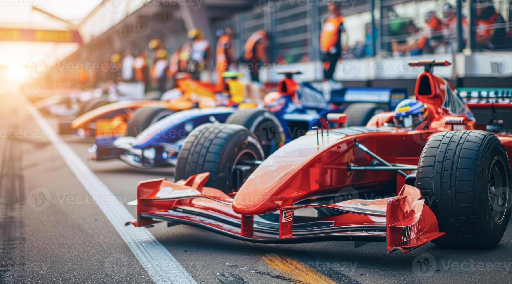 Two race cars are speeding down a track, auto racing competition. photo
