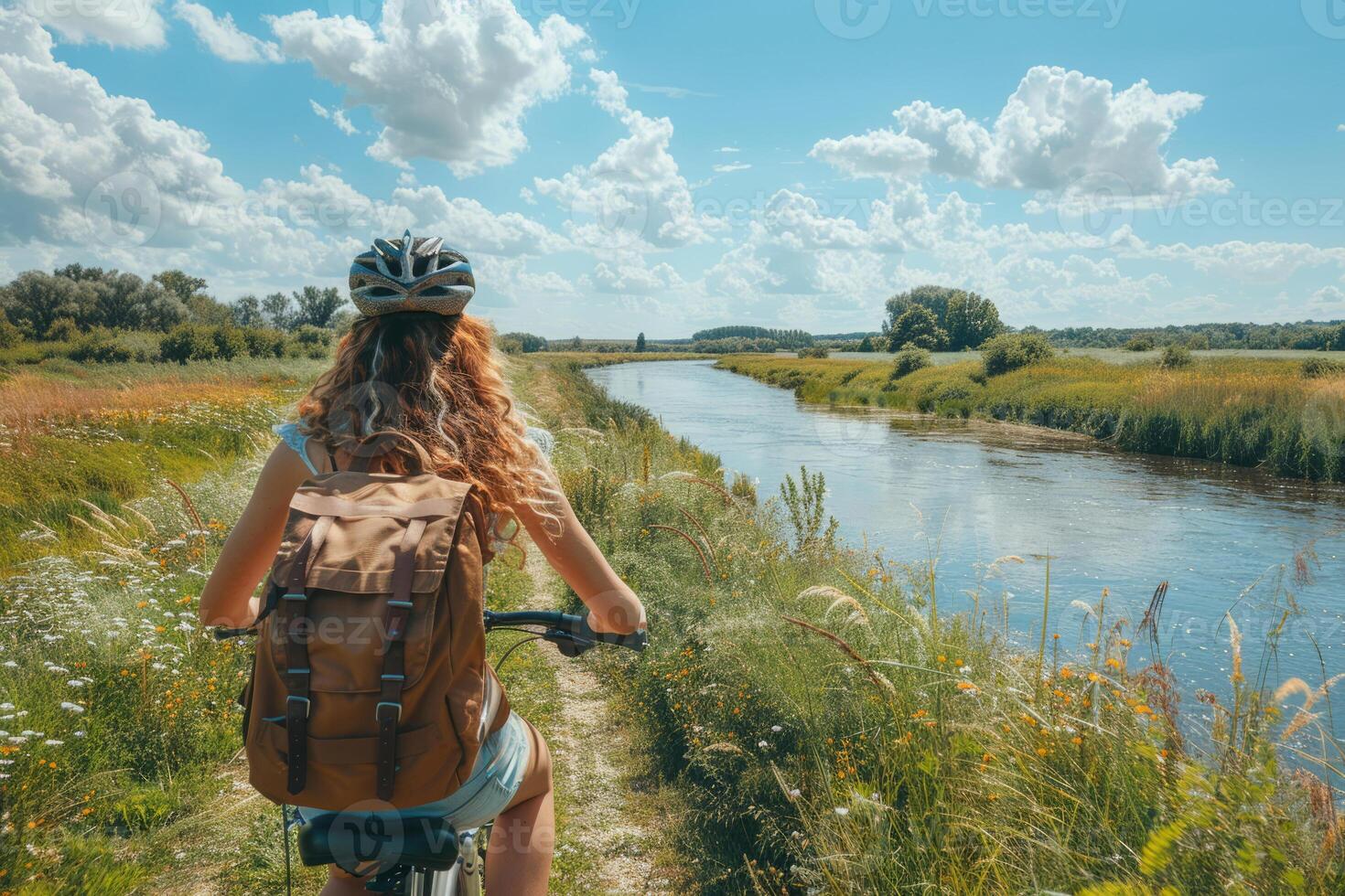 A girl with a bicycle in a park by the river on a summer day. The concept of recreation, an active lifestyle. photo