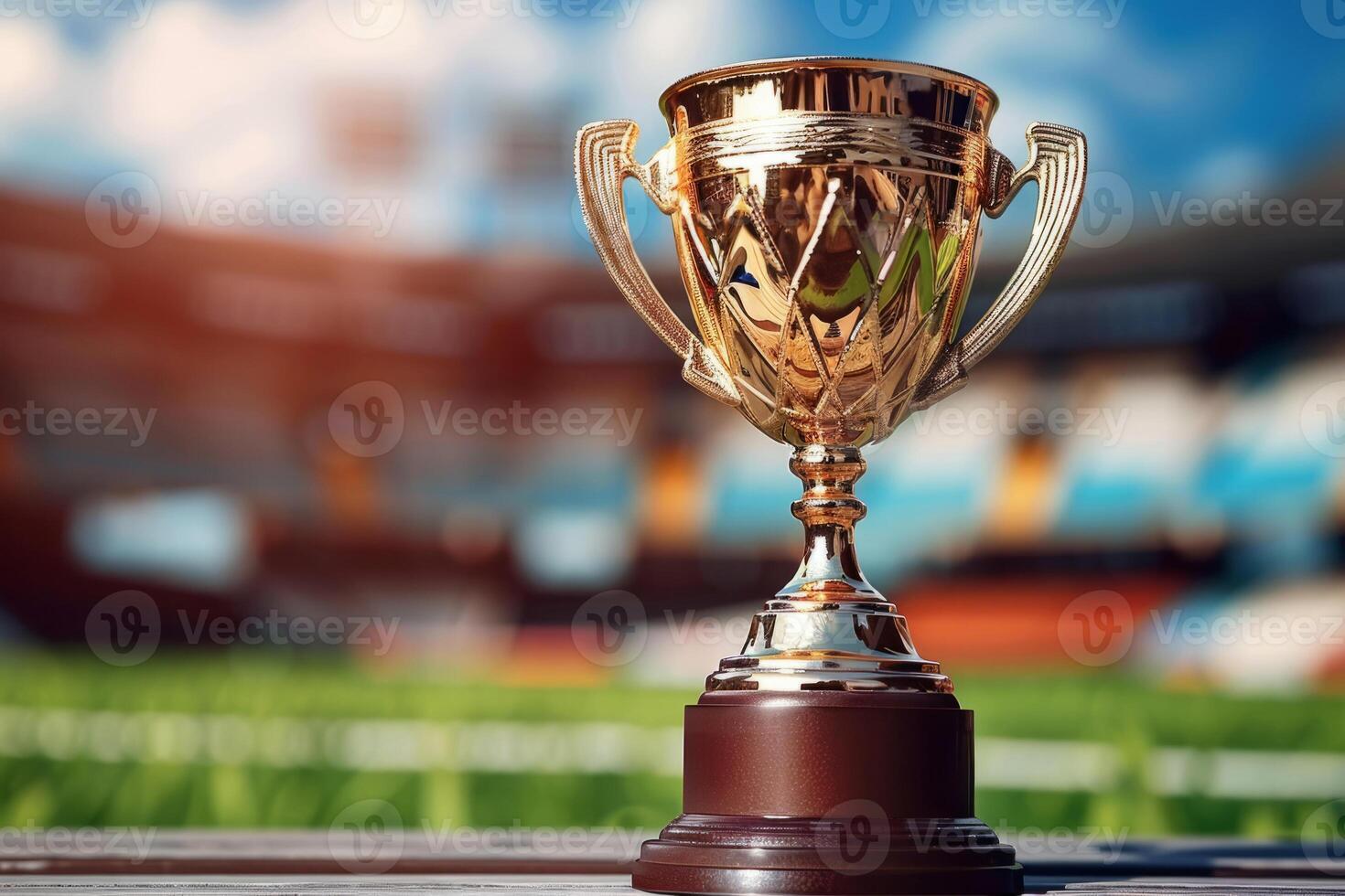 the gold cup for the first place on the background of a football field. The golden trophy of the champion. A sporting victory, a prize for the winner. photo