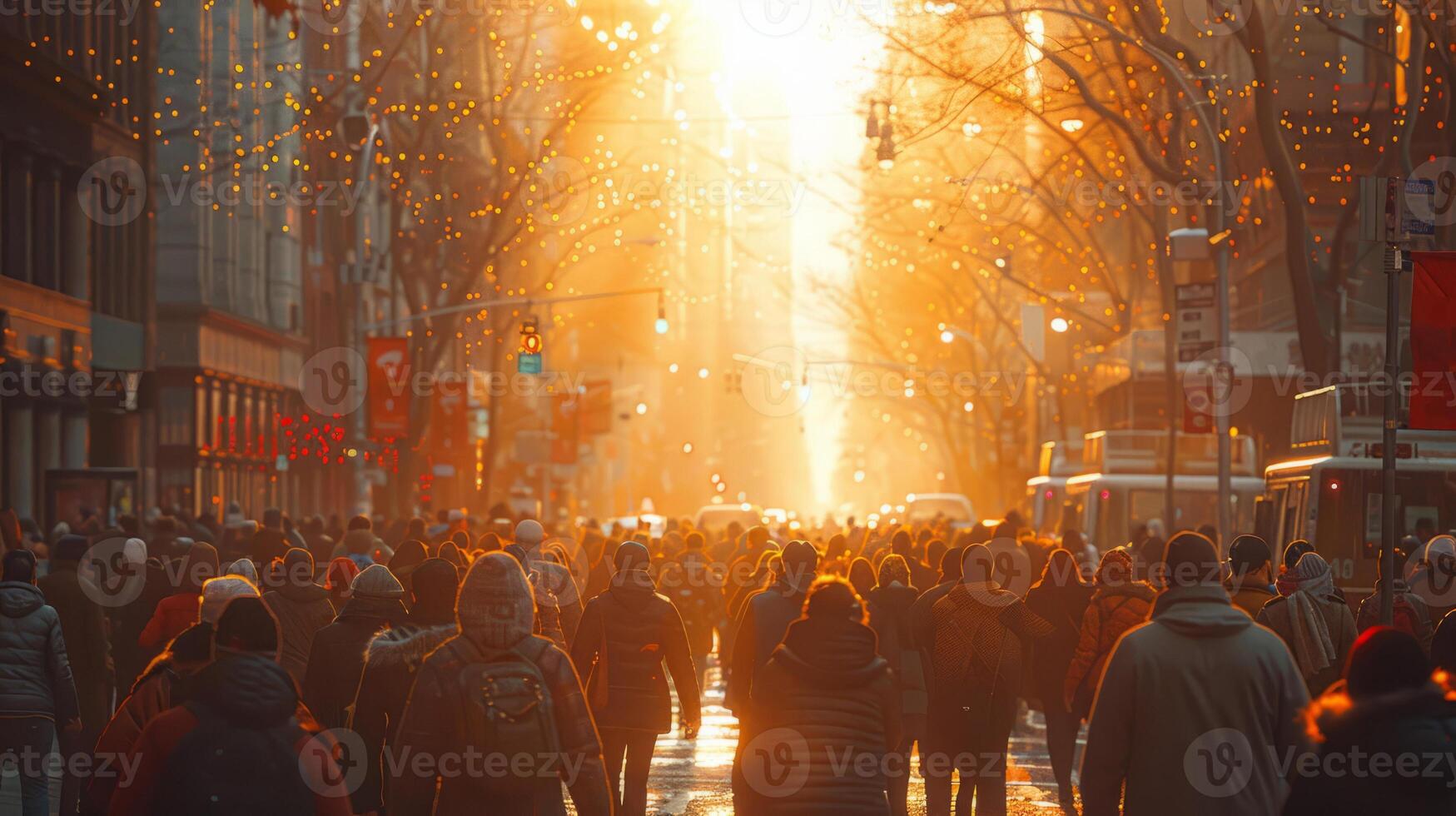 A crowd of people walking along a busy street during rush hour photo
