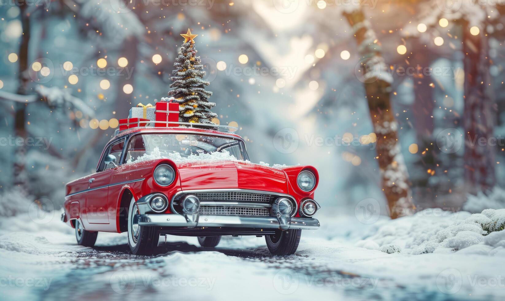 A red vintage car with a Christmas tree and gifts on the roof. The car is driving along a winter road in the forest. The concept of celebrating New Year and Christmas. photo