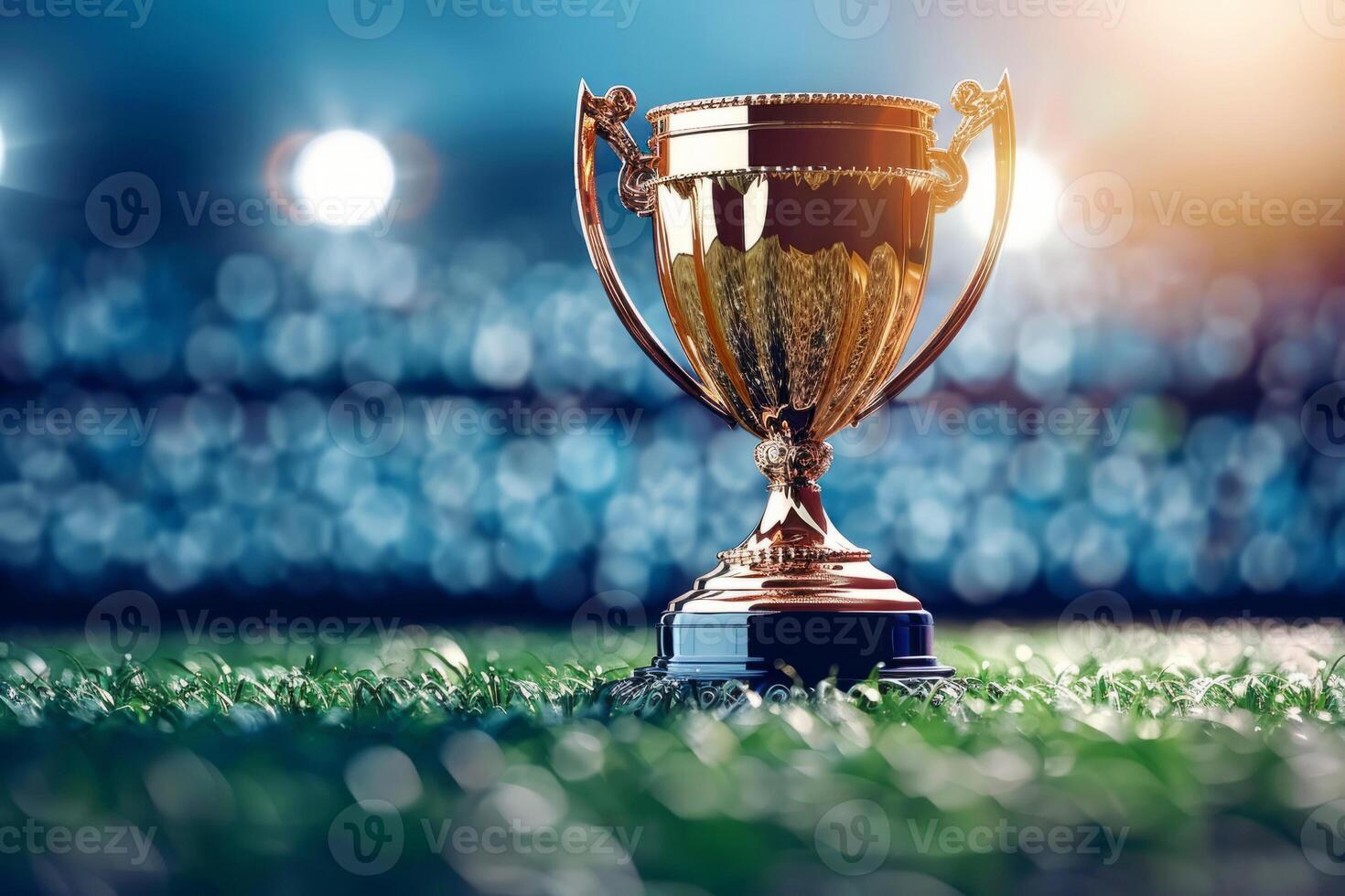 the gold cup for the first place on the background of a football field. The golden trophy of the champion. A sporting victory, a prize for the winner. photo